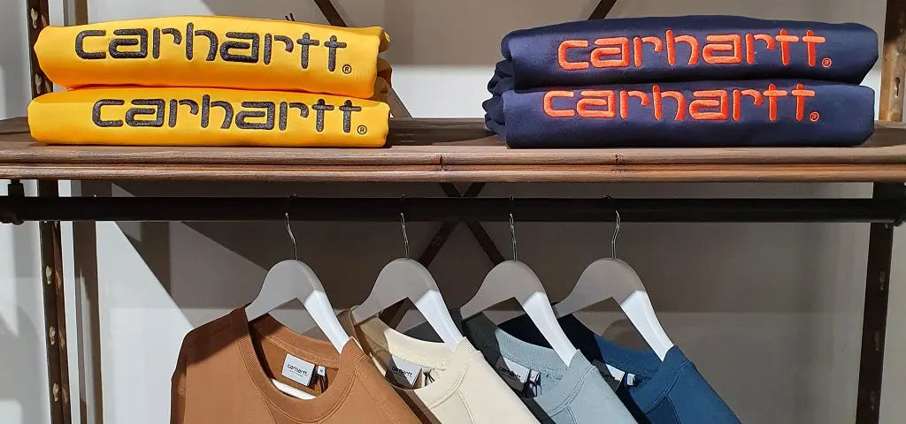 Carhartt WIP Sweatshirts Folded on Shelf and Hanging on Coat Hangers