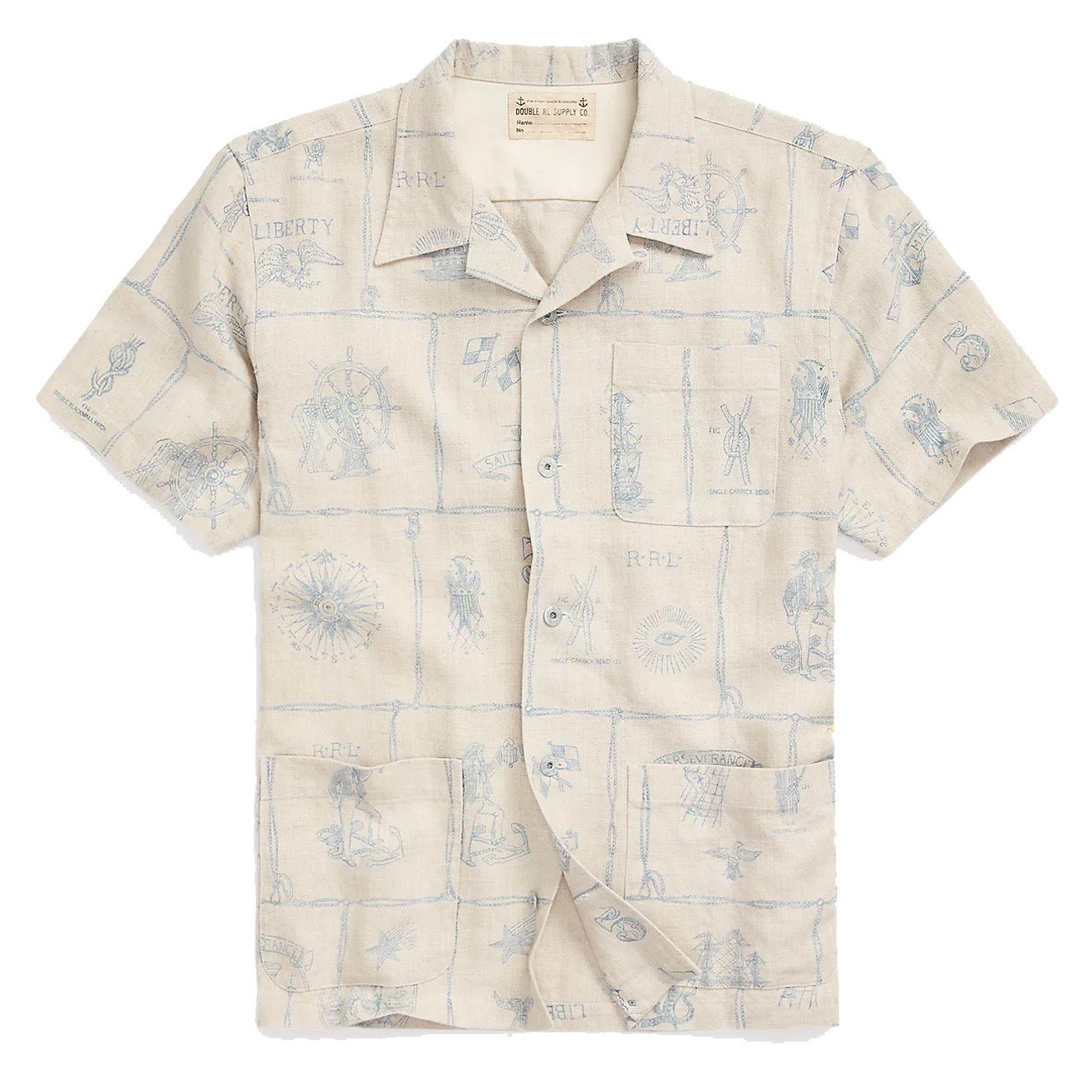 RRL by Ralph Lauren Print Indigo Linen Camp Shirt Creme Multi 