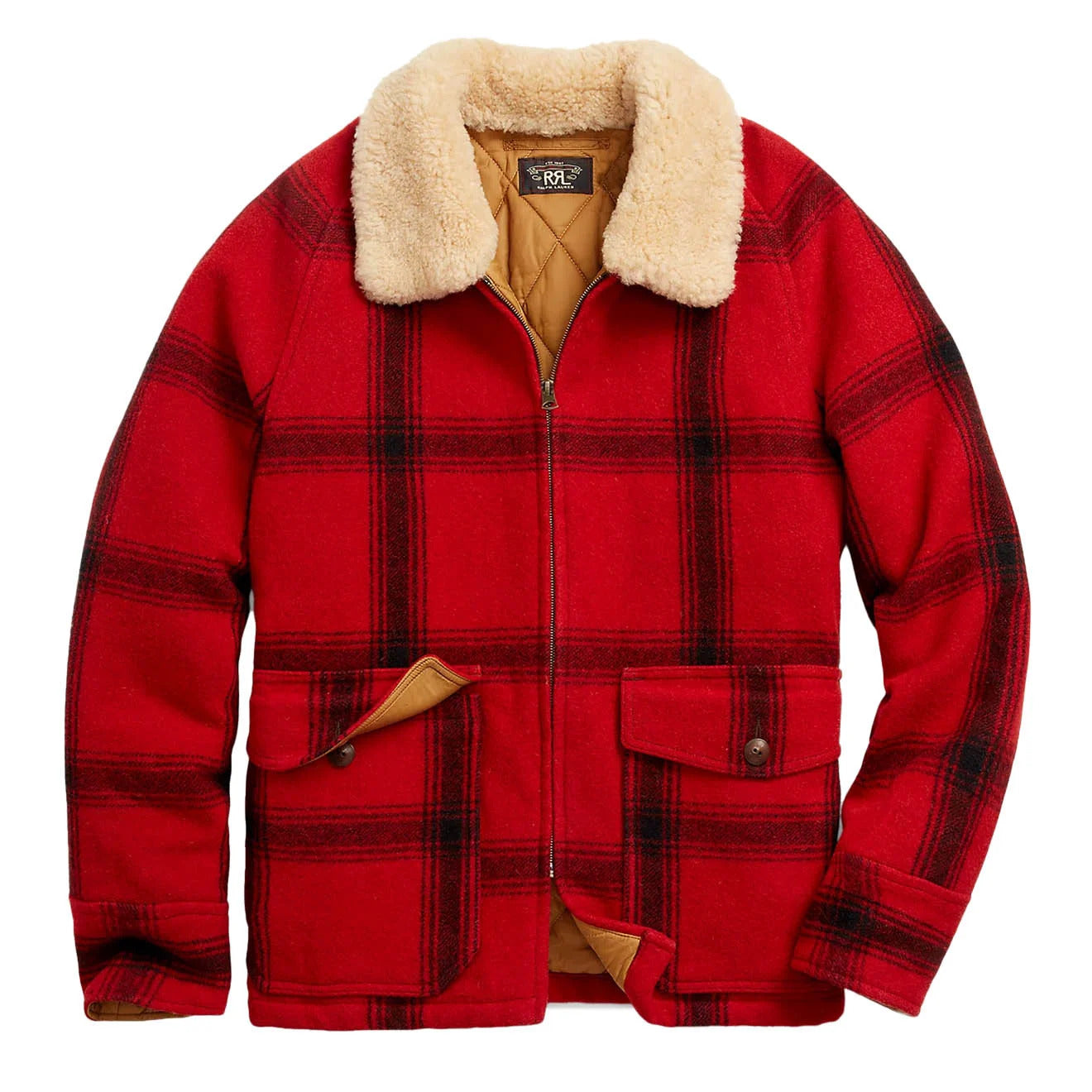 RRL by Ralph Lauren Shearling-Collar Plaid Wool Jacket Red Black