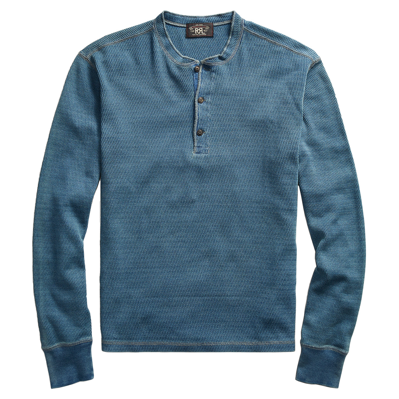 RRL by Ralph Lauren Waffle Knitted Cotton Henley Washed Blue