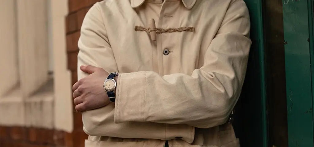 Man Wearing a ULLAC Denim x Gloverall Painter Suit Jacket