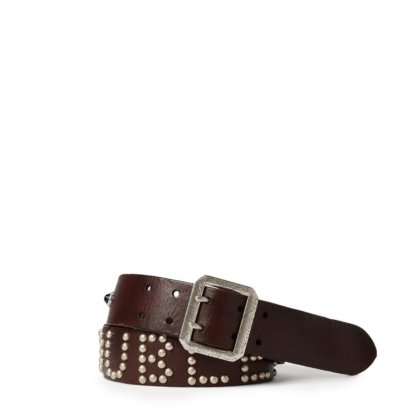 RRL by Ralph Lauren Studded-Logo Leather Belt Dark Brown | Yards Store