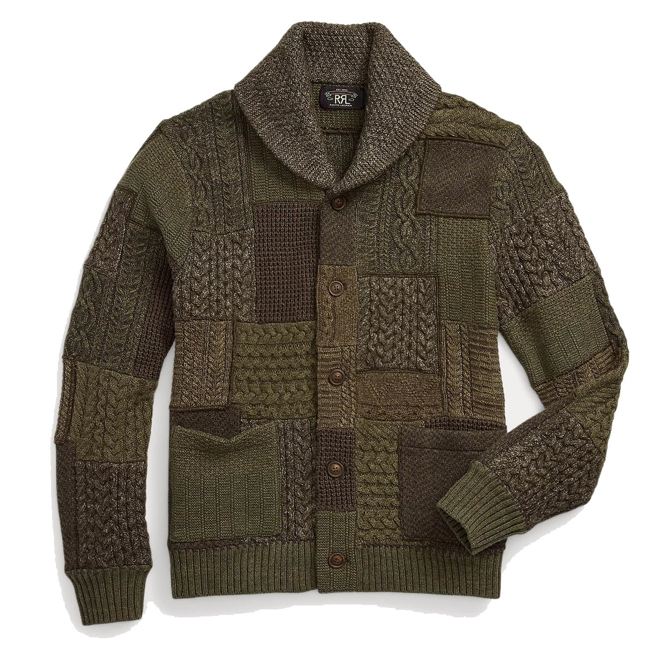 Patchwork Rrl RRL by Ralph Lauren Patchwork Wool-Blend Shawl Cardigan Olive Multi ...