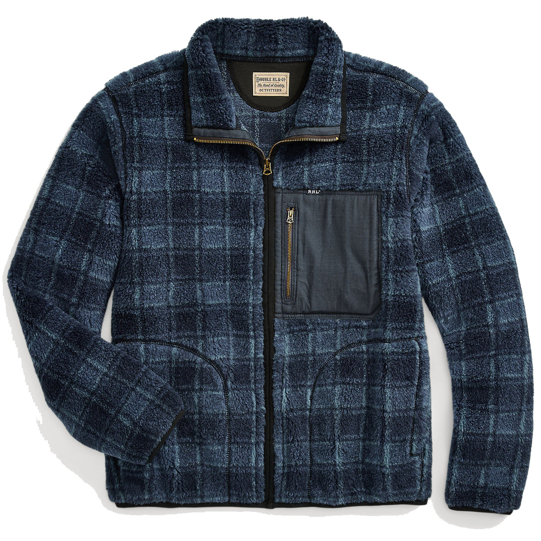 RRL by Ralph Lauren Plaid Wool Blend Pile Fleece Jacket Navy Plaid Yards Store