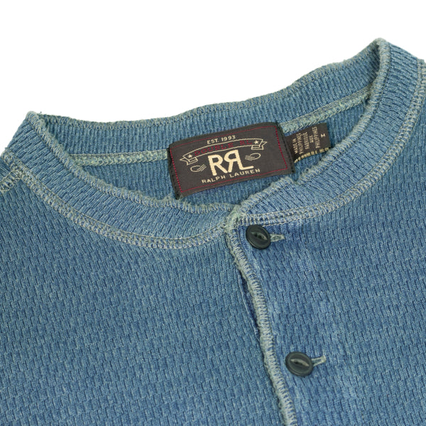 RRL by Ralph Lauren Waffle Knitted Cotton Henley Washed Blue